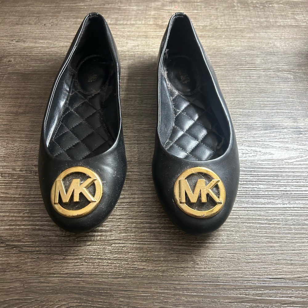 Michael Kors Black and Gold Flats with Iconic Logo